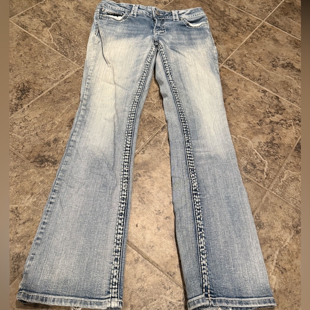 Paisley Sky Faded Light Blue Flare Jeans with Contrast Seam